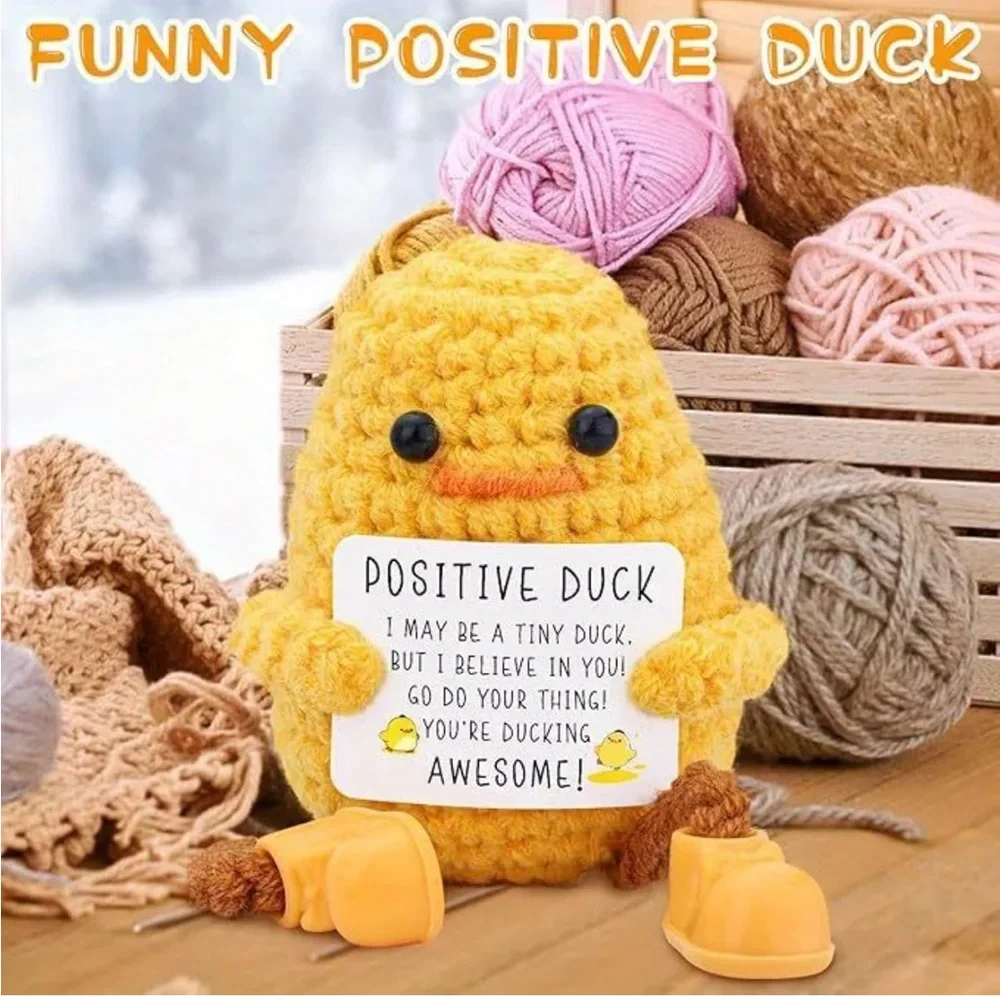 Mini Yellow Crochet Duck Plush with Inspirational Sign and Dangle Feet